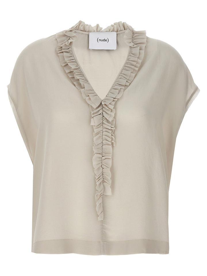 Ruffled Silk Blouse Shirt, Blouse Beige