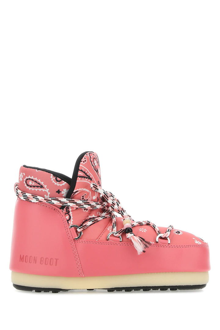 Pink fabric and leather ankle boots