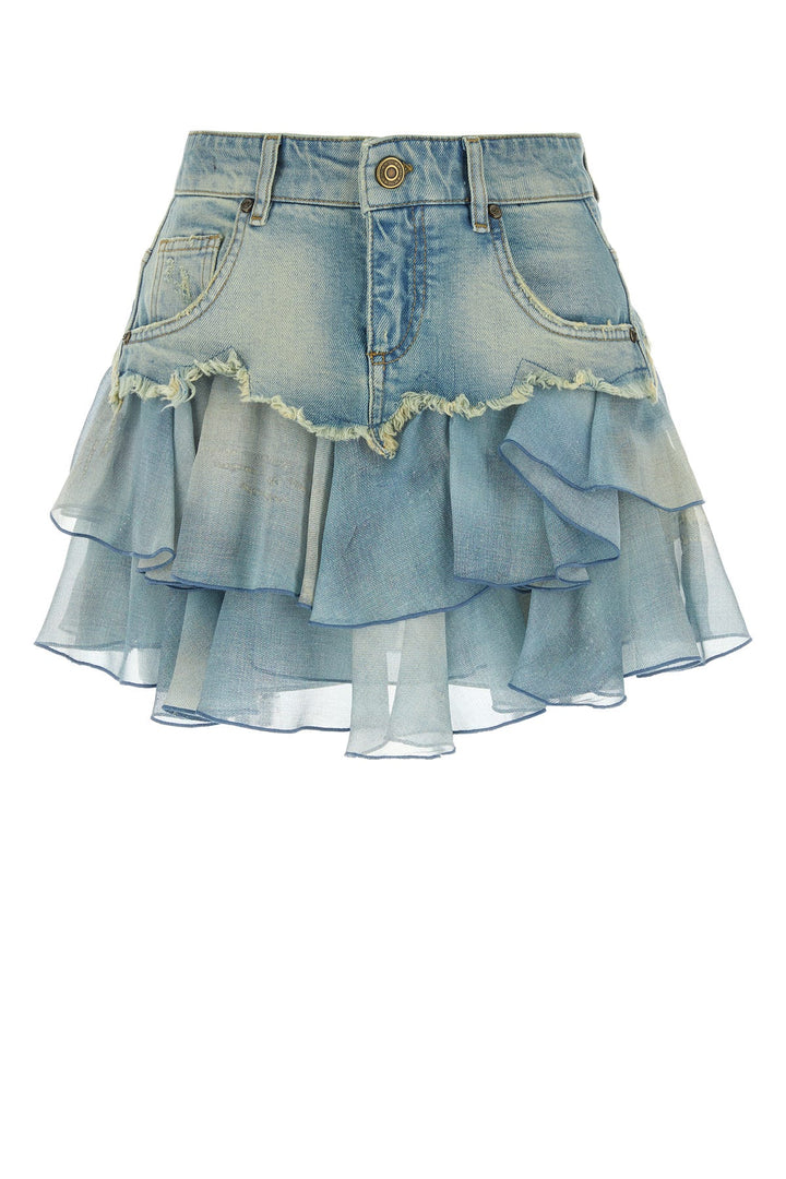 Light-blue denim and crepe mini skirt