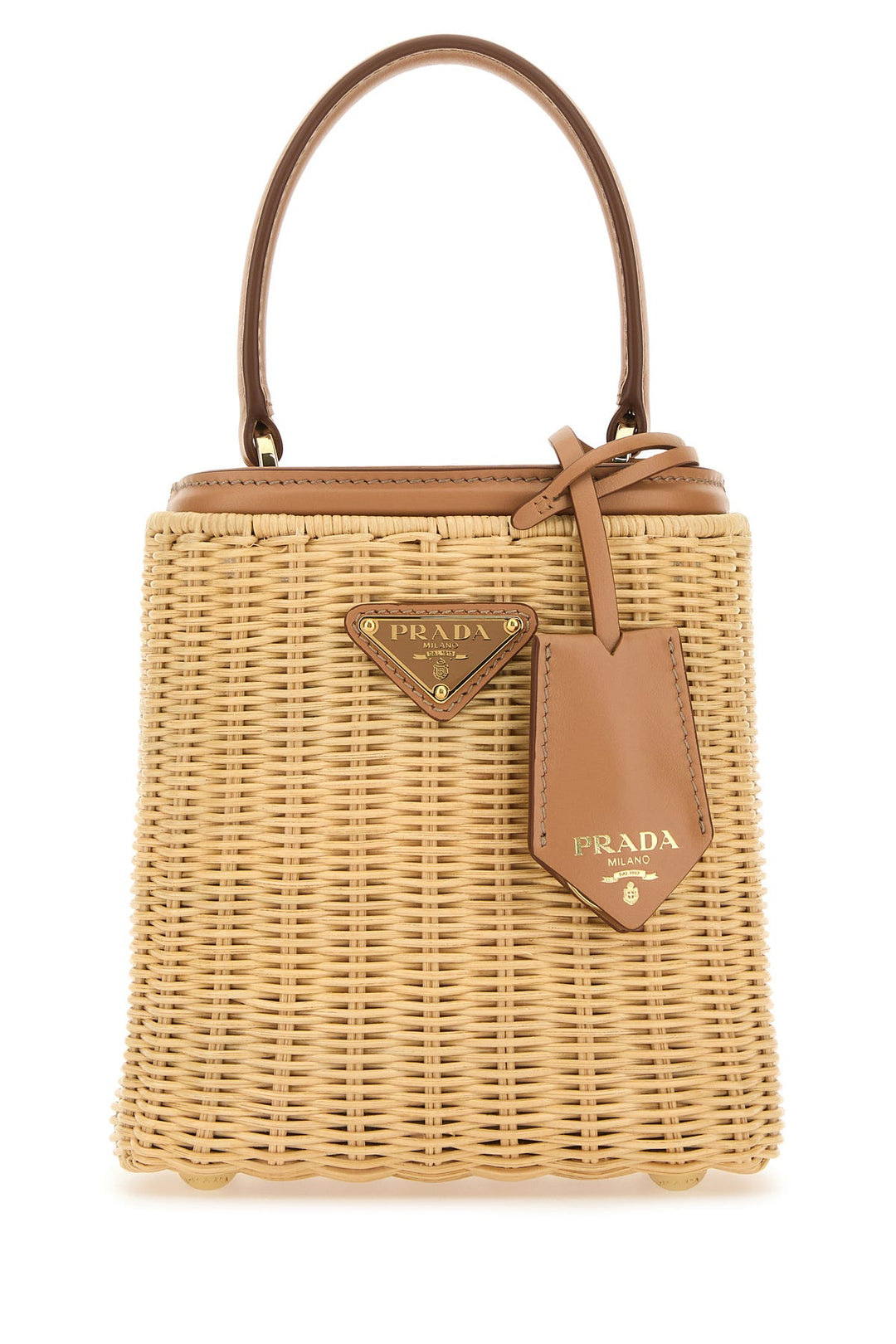 Two-tone wicker and leather bucket bag