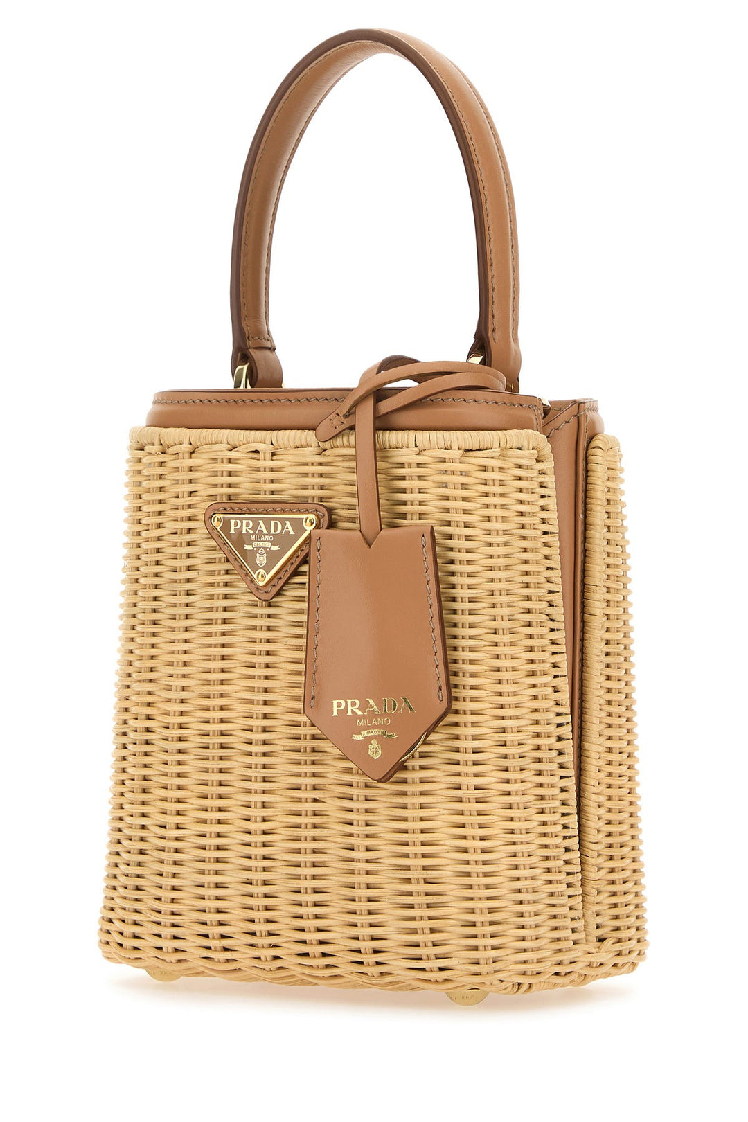 Two-tone wicker and leather bucket bag