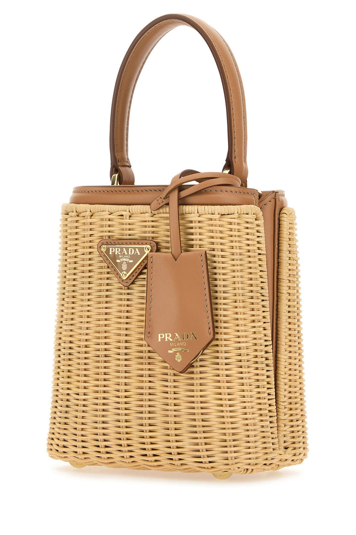 Two-tone wicker and leather bucket bag