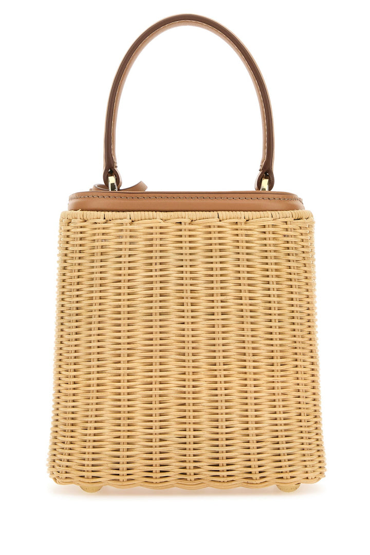 Two-tone wicker and leather bucket bag