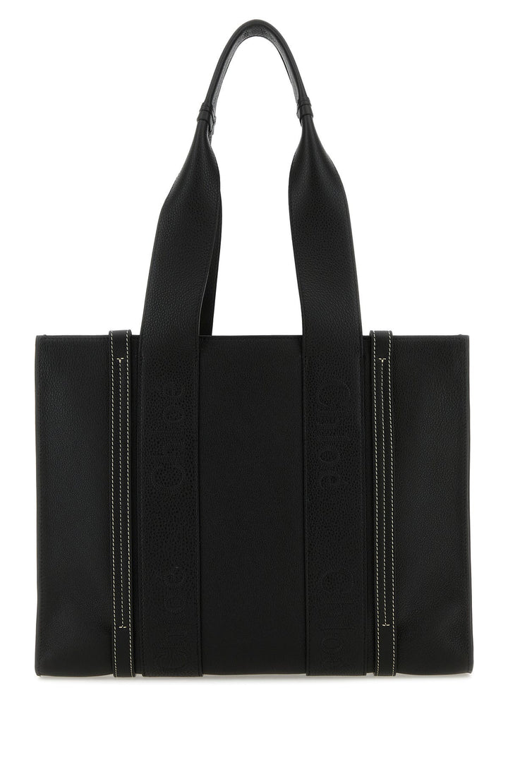 Black leather medium Woody shopping bag