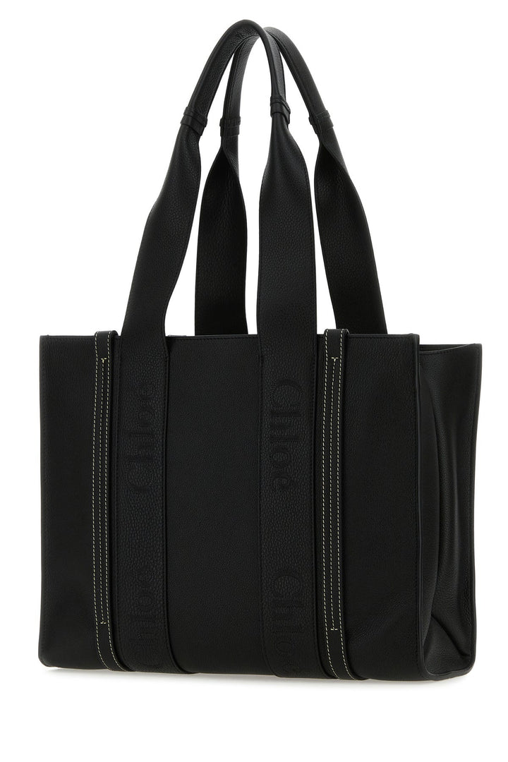 Black leather medium Woody shopping bag