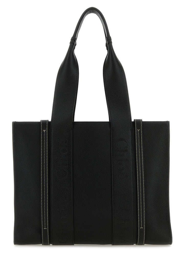 Black leather medium Woody shopping bag