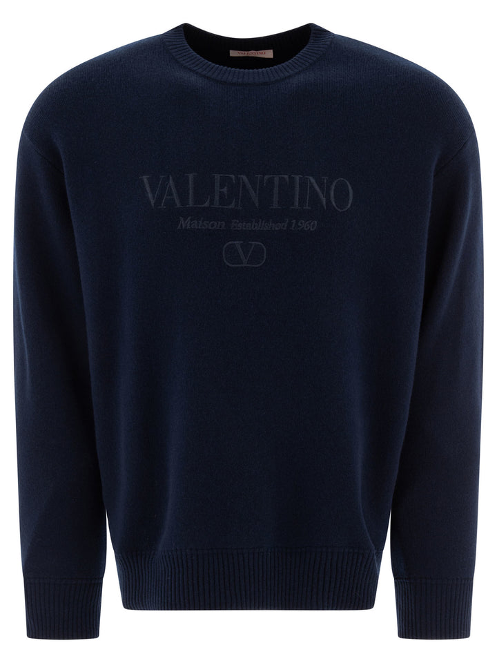 Wool Sweater With Valentino Embroidery Knitwear Blu