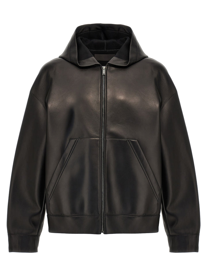 Valentino Leather Hooded Jacket Casual Jackets, Parka Black