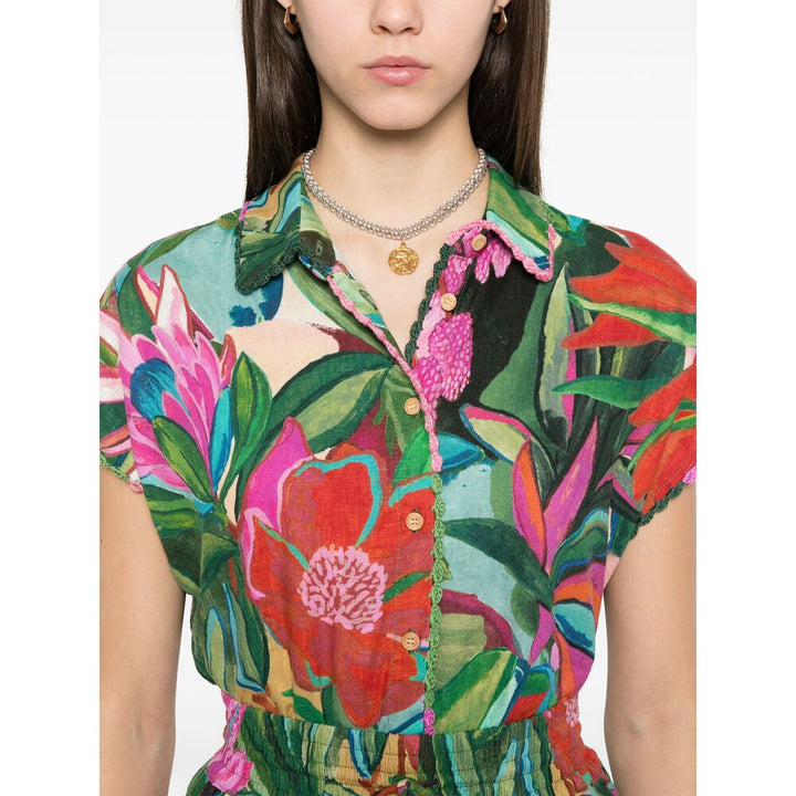 Farm Rio Silk Shirts - Green, Pink | Wanan Luxury