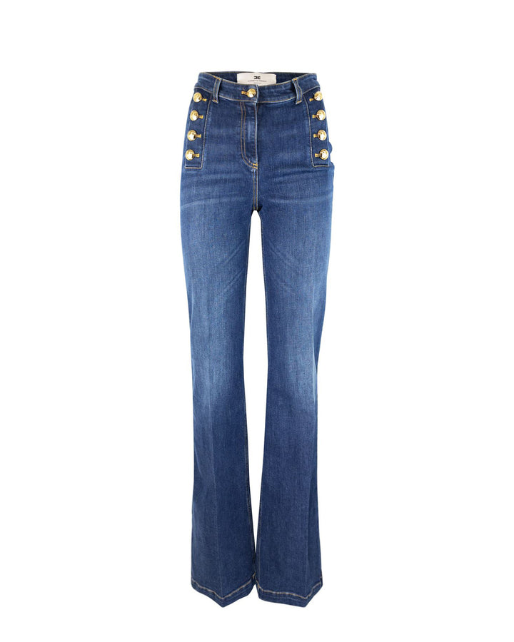 A Zampa In Cotone Stretch Con Bottoniera Laterale Jeans Blu
