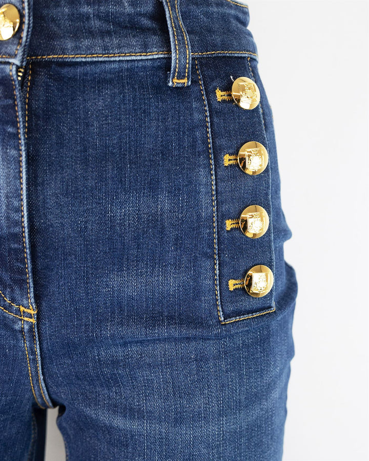 A Zampa In Cotone Stretch Con Bottoniera Laterale Jeans Blu