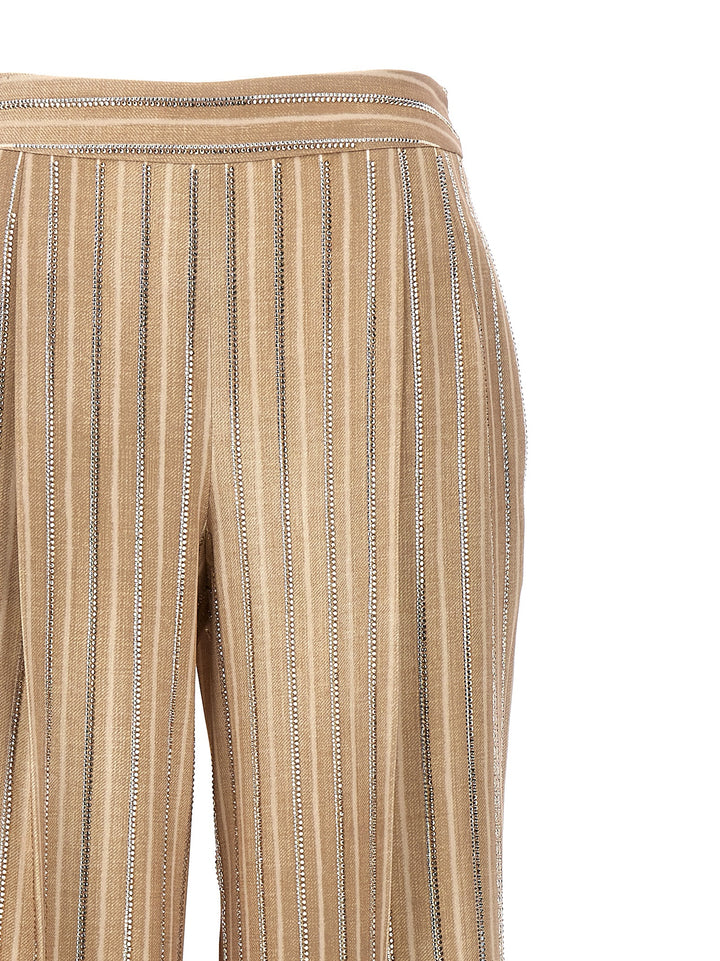 Rhinestone Pinstripe Trousers Pants Beige