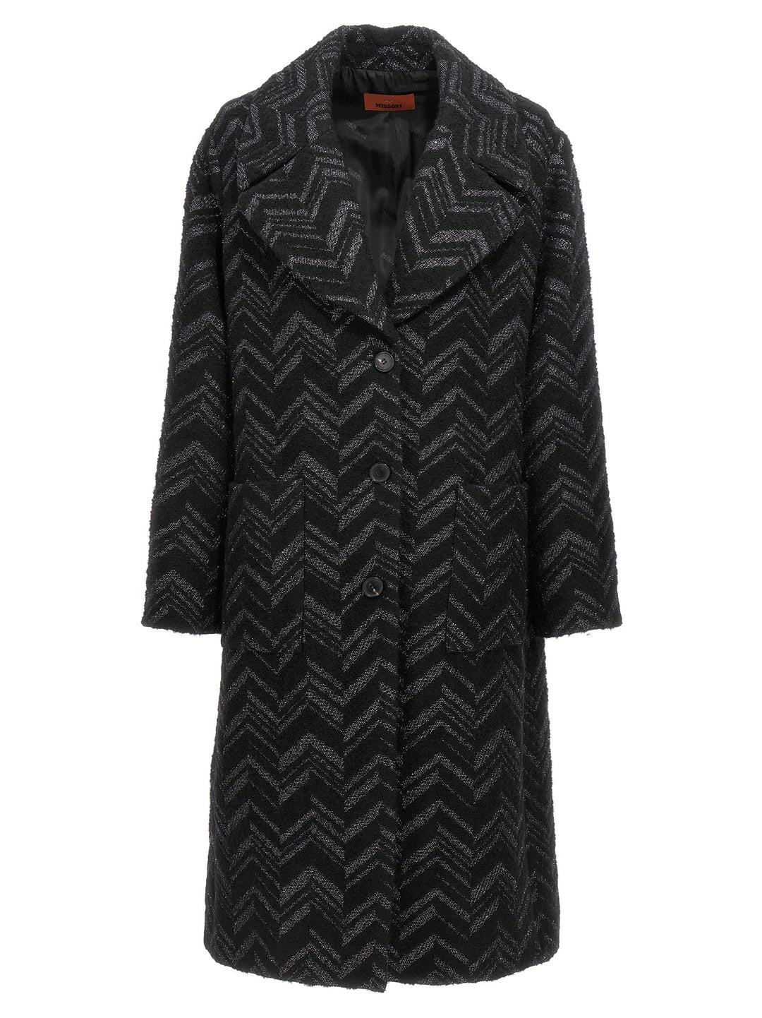 Single-Breasted Chevron Lamé Coat Coats, Trench Coats Black