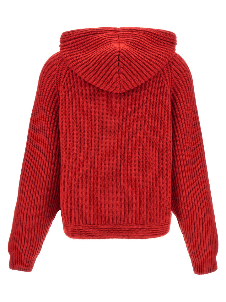 Ribbed Hooded Cardigan Sweater, Cardigans Red