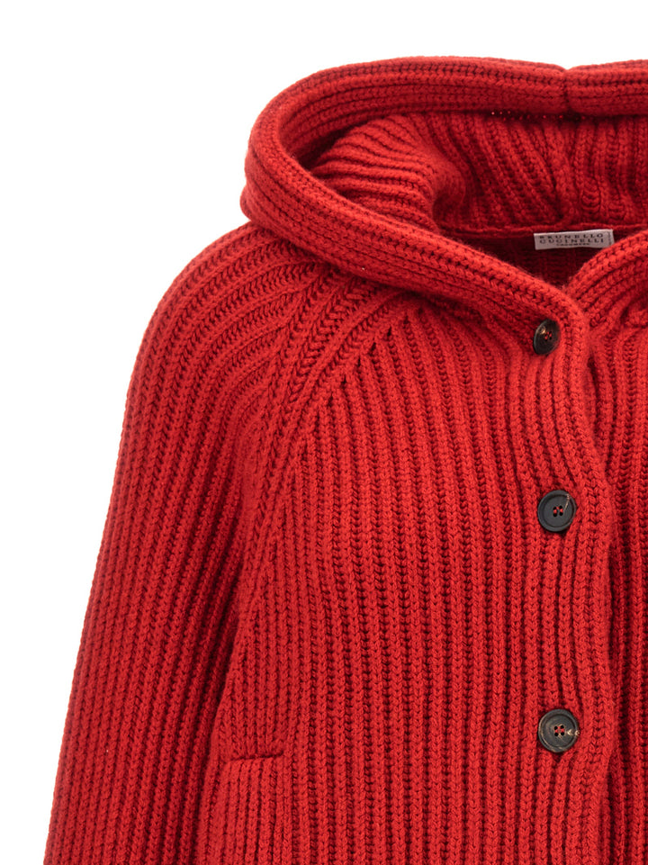 Ribbed Hooded Cardigan Sweater, Cardigans Red